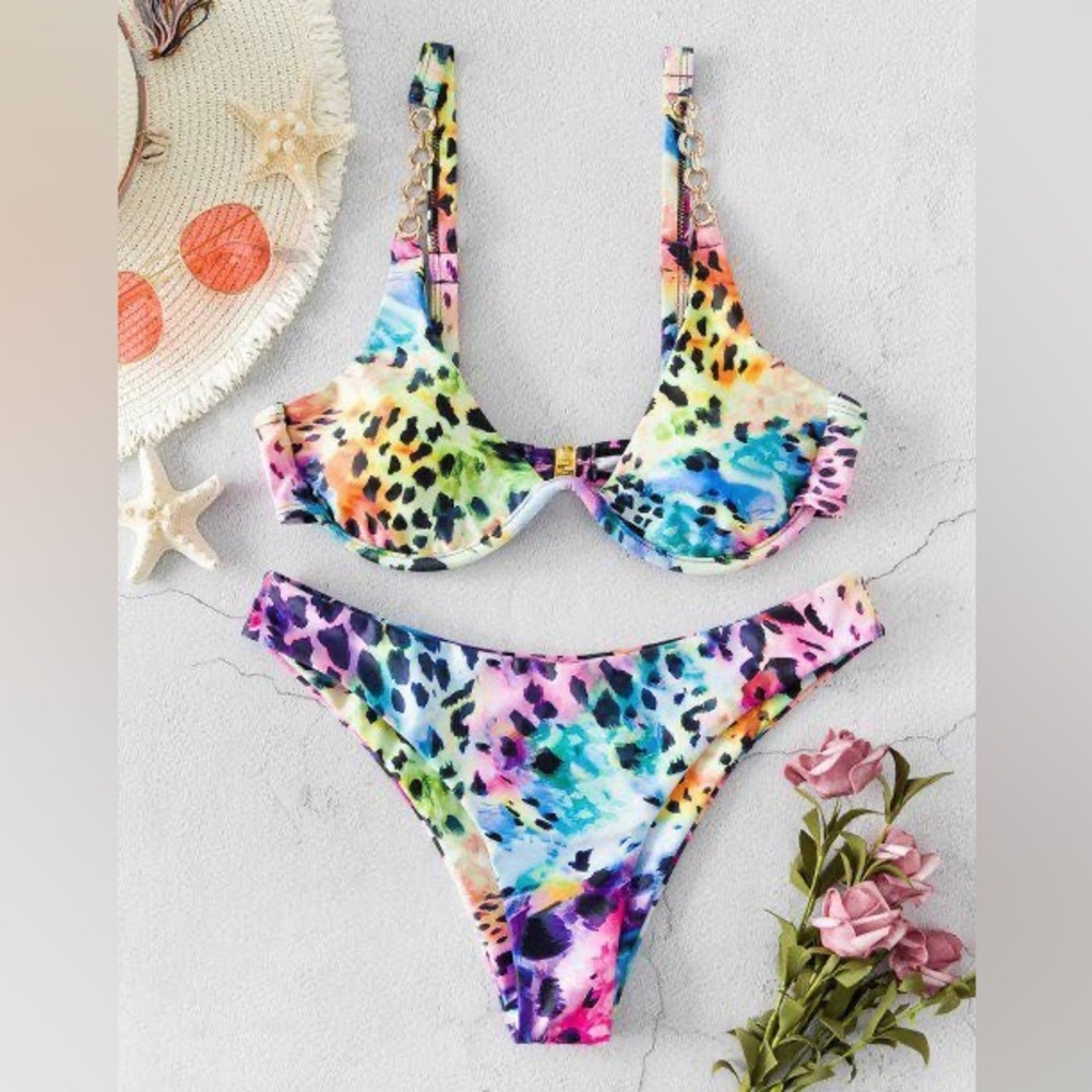 Zaful Multicolor Tie Dye Animal Print Bikini Set Underwire Chain Strap SIZE 4